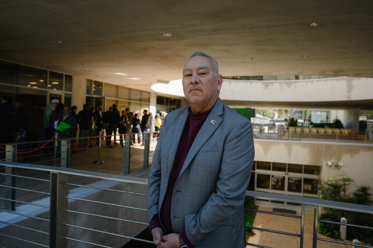 Southwestern College President and Superintendent Mark Sanchez stands for a portrait outside the school's library during a job fair for the Gaylord Pacific Resort and Convention Center in Chula Vista, California on March 7, 2025.