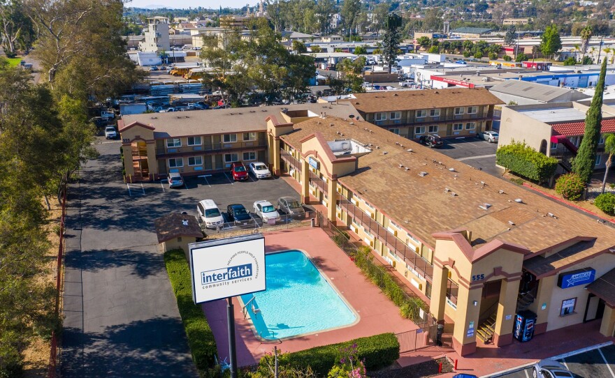 This undated photo rendering shows how Interfaith Community Services plans to transform a newly purchased motel on North Centre City Parkway in Escondido. It will serve as transitional and recuperative housing for people experiencing homelessness.