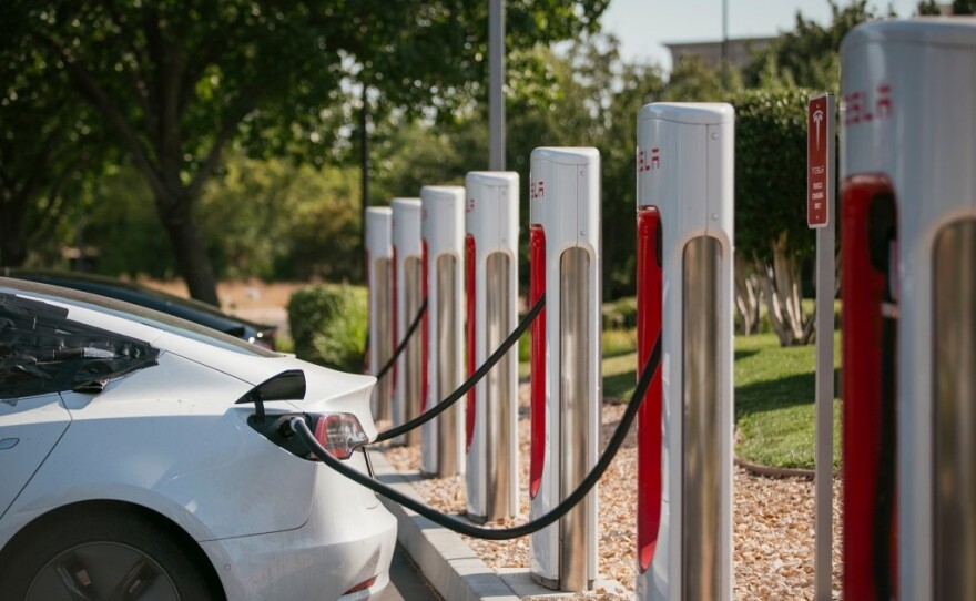 A Tesla supercharger charging station in Sacramento on July 29, 2022.