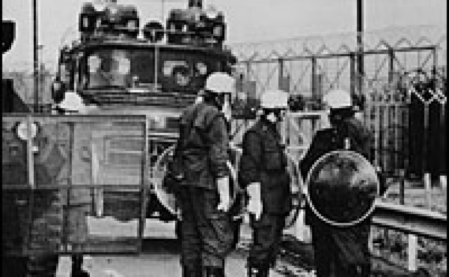 The German Bundesgrenzschutz, or border defense, gathers at the site of an anti-nuclear demonstration at the proposed nuclear power plant in Brokdorf, Feb. 17, 1977.