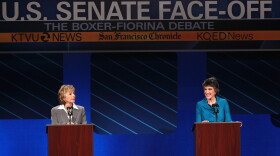 U.S. Sen. Barbara Boxer (L) (D-CA) and republican candidate for U.S. Senate Carly Fiorina participate in a debate on the campus of Saint Mary's College September 1, 2010 in Moraga, California.