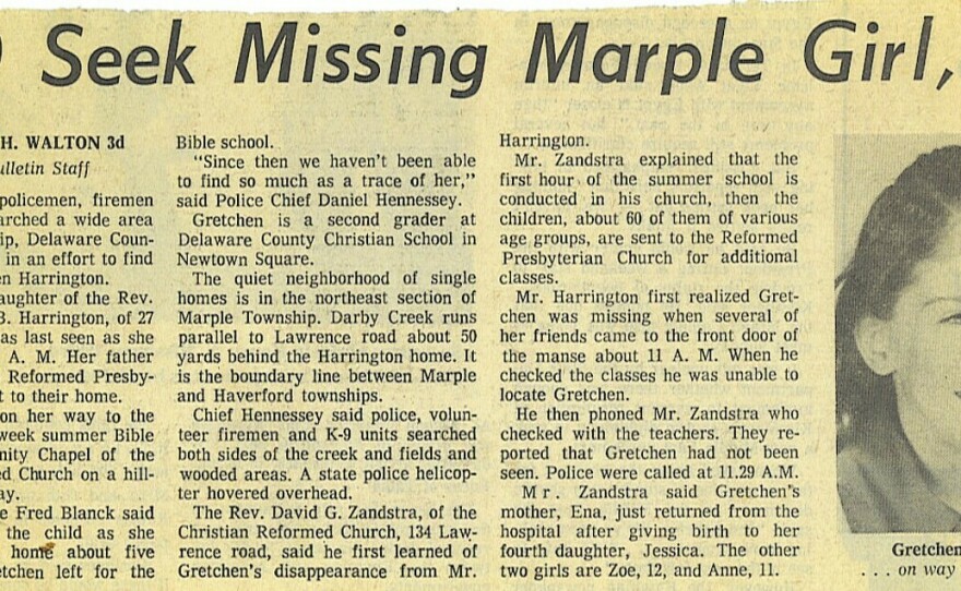 A newspaper clipping from 1975 describes the search for Gretchen Harrington.