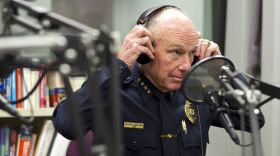San Diego Police Chief William Lansdowne prepares to speak on KPBS's Midday Edition in February 2014.