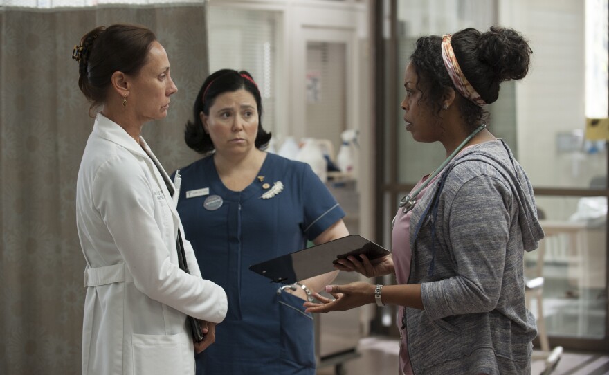 Laurie Metcalf (left) plays the role of Dr. Jenna James, with Alex Borstein as head nurse Dawn Forchette and Niecy Nash as Didi Ortley, the new nurse on the ward.