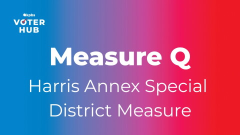 The text "Measure Q: Harris Annex Special District Measure" is displayed over a blue to red gradient background, in this undated graphic. 