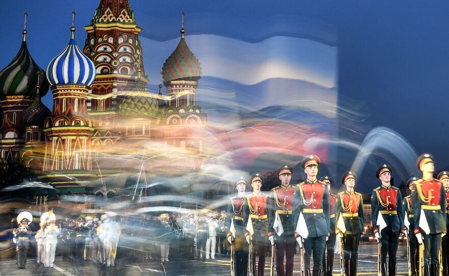 Russian honor guards perform during an international military and music festival on Moscow's Red Square in August.
