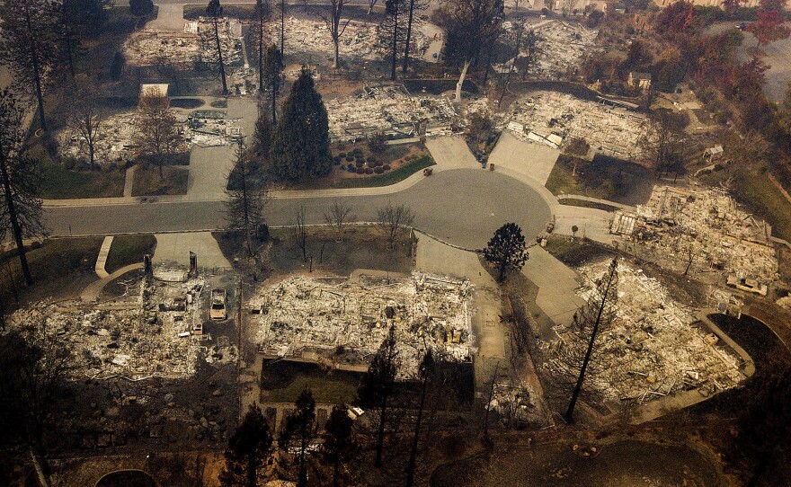 Residences leveled by the Camp Fire line a cul-de-sac in Paradise, Calif., Nov. 2018. 