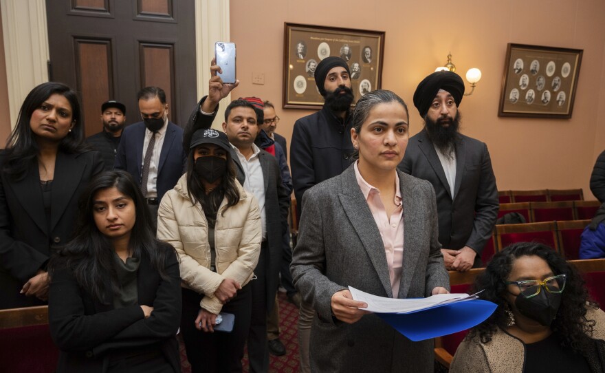 File photo of State Sen. Aisha Wahab listening to speakers during a news conference where she proposed SB 403, a bill that adds caste as a protected category in the state's anti-discrimination laws, on March 22, 2023, in Sacramento, Calif.