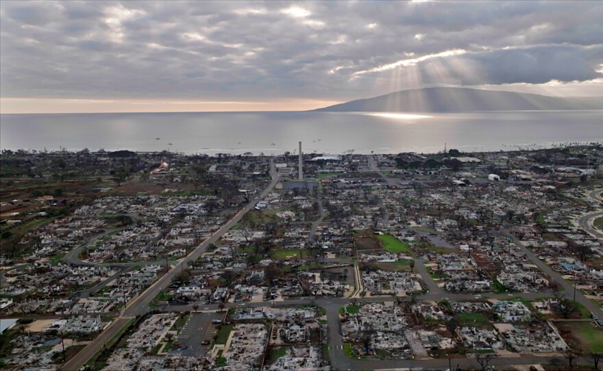 Aerial view of the vast burn zone from the Lahaina 2023 fire, which claimed 102 lives.