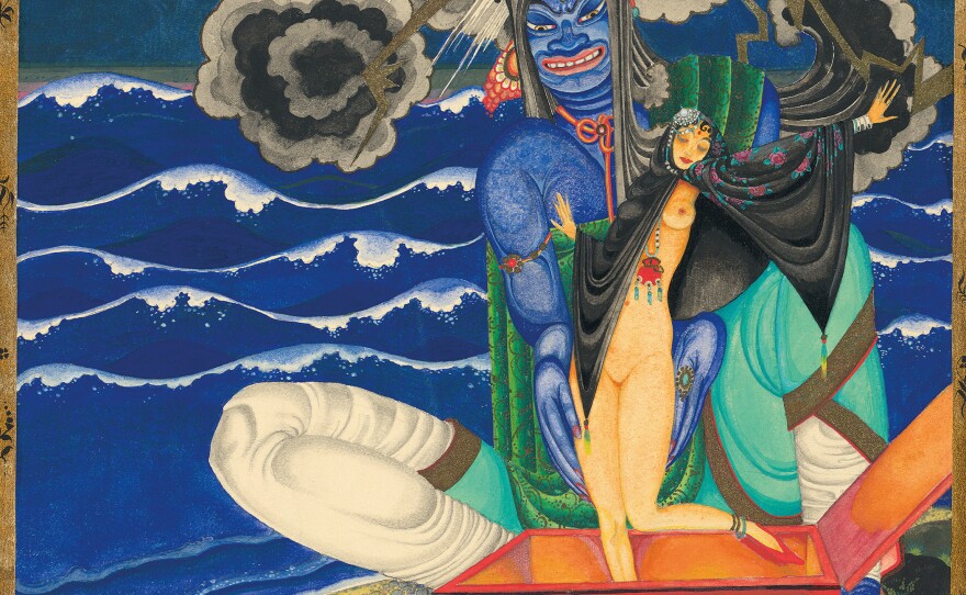 This original watercolor is from "The Story of King Schahriyar and His Brother Schahzena" and shows a genie releasing a beautiful woman from a chest.