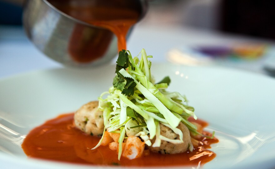 Pozole soup Jalisco-style with chipotle-marrow matzo balls.