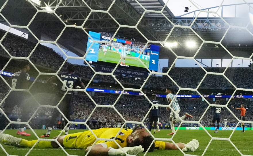 Cape Verde goalkeeper Vozinha (1) reacts after Argentina's Lisandro Martinez scored a goal during the World Cup round of 32 soccer match between Argentina and Cape Verde in Miami Gardens, Fla., Friday, July 3, 2026.