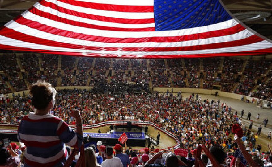 President Donald Trump is seen below as he speaks in Harrisburg, Pa., on Saturday.