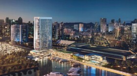 An undated rendering of the Fifth Avenue Landing hotel and hostel project proposed for the waterfront site next to the San Diego Convention Center.