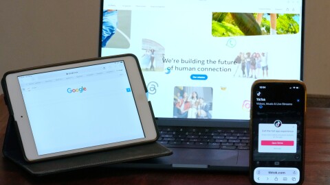 The home pages of Meta, Google and TikTok are displayed on devices in Sydney, Tuesday, April 28, 2026.