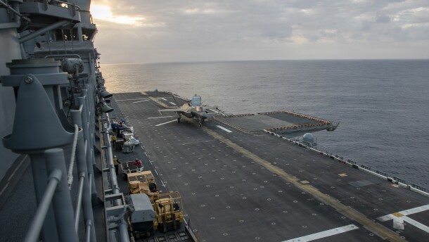 An F-35B Lighting II, attached to Marine Fighter Attack Squadron (VMFA) 121, prepares to take off from the flight deck of America-class amphibious assault ship USS Tripoli (LHA 7), Mar. 6, 2026.