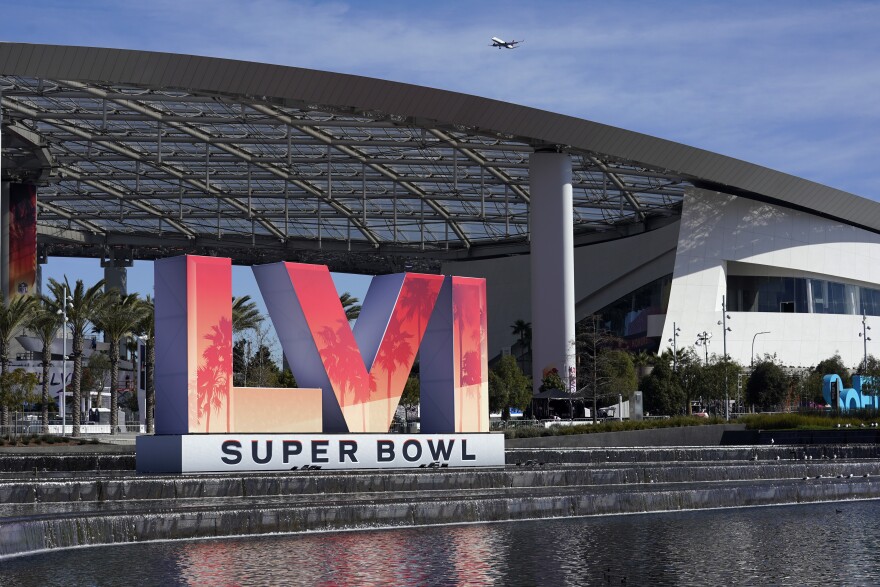 The exterior of SoFi Stadium is seen days before the Super Bowl NFL football game Tuesday, Feb. 8, 2022, in Inglewood, Calif. The Los Angeles Rams will play the Cincinnati Bengals in the Super Bowl Feb. 13. 