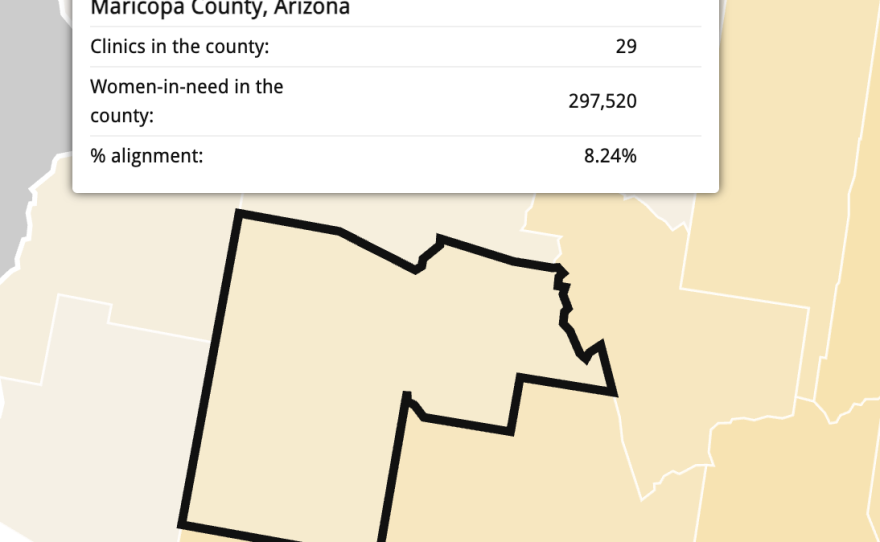 The interactive maps from Power to Decide show state- and county-level details about the available clinics and the population in need of subsidized birth control. With only 8% of the need being met in Maricopa County, researchers consider it to have an "extreme" birth control access gap.