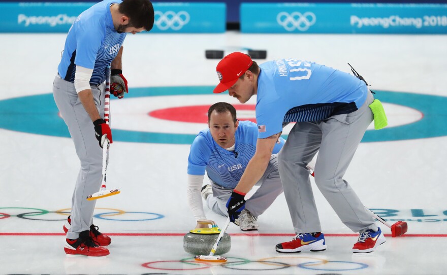 John Landsteiner (left), Tyler George and Matt Hamilton of the U.S. compete in the Curling Men's Semi-final against Canada during the Pyeongchang 2018 Winter Olympic Games on Feb. 22.
