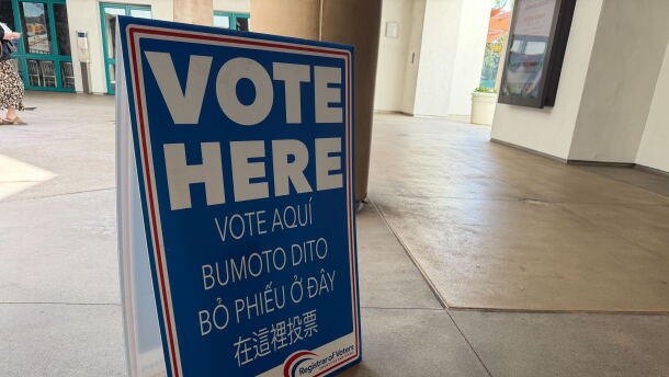 A "vote here" sign is on display at a Vote Center location at San Diego State University on June 1, 2026.