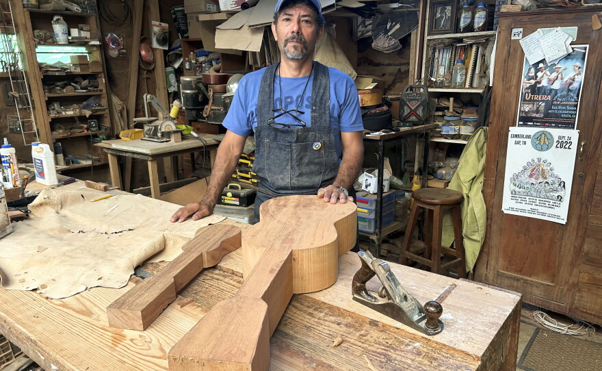 Tacho Utrera is a Grammy-winning jarocho musician, and renowned luthier. The eight-string jarana is carved from a single block of Spanish cedar, as it has been done for centuries.