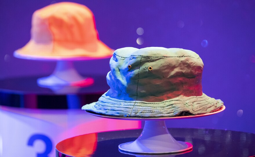 A cake made to look like a cloth bucket hat.