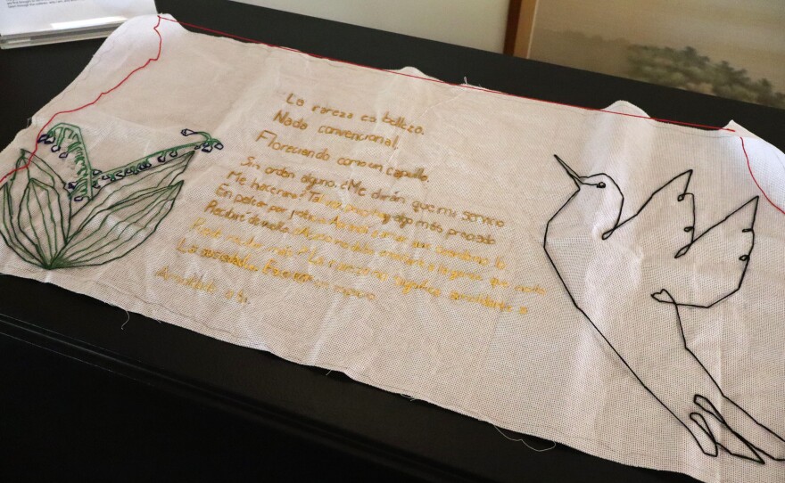 Embroidered artwork by San Ysidro High School student Denise Romero is on display at the Japanese Friendship Garden and Museum in Balboa Park on Thursday, Feb. 12, 2026.