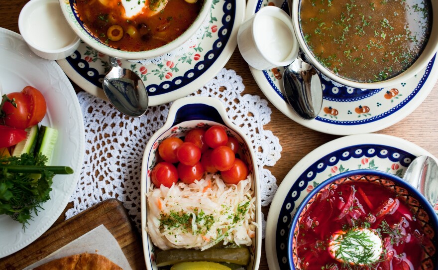 Traditional foods in Sochi may be Russian, Ukrainian, Georgian or from the surrounding   Krasnodar region. This table is set at Mari Vanna restaurant in Washington, D.C.