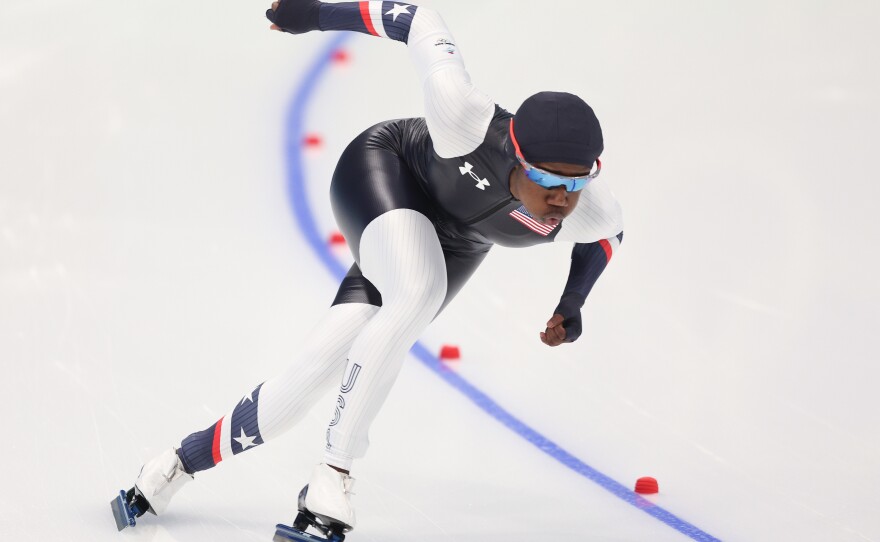 U.S. speed skater Erin Jackson of skates to victory to win the gold medal in the Women's 500-meter on Feb. 13 at the Winter Olympics.