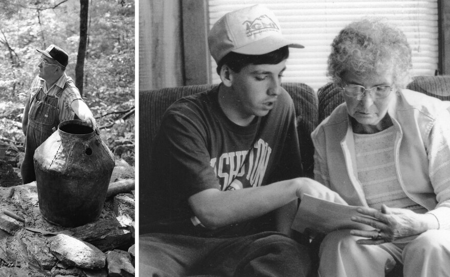 Buck Carver (left) and Leona Carver (right, being interviewed by a student).