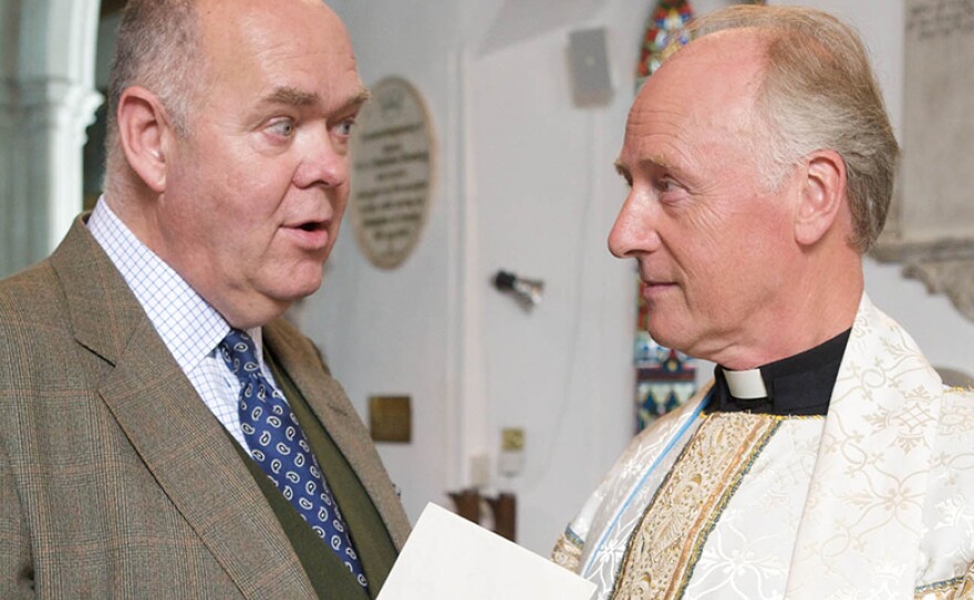 A scene from episode 1 "The Made-to-Measure Murders." A tailor dies of a heart attack. Two years later, his widow is murdered on her way to the vicarage. Then, the vicar is murdered after receiving a mysterious letter.