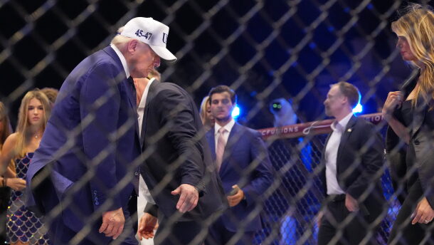 President Donald Trump and first lady Melania Trump stand in the ring at UFC Freedom 250 on the South Lawn of the White House, Monday, June 15, 2026, in Washington.