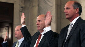 From left: BP America Chairman Lamar McKay, Transocean CEO Steven Newman and Halliburton executive Tim Probert are sworn in before testifing during a Senate Energy and Natural Resources Committee hearing Tuesday on Capitol Hill.