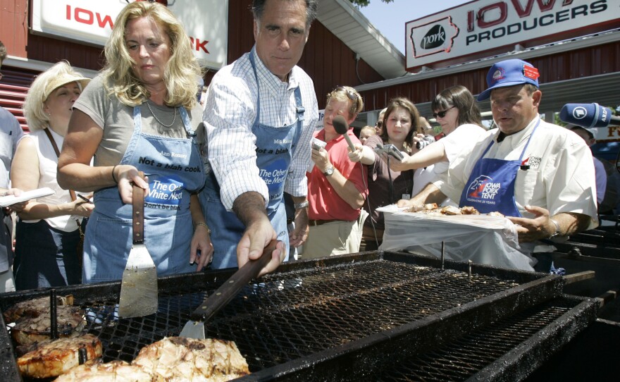 In 2007, Mitt Romney flipped pork chops at the Iowa Pork Producers booth. But he flipped one too high — it landed on the ground and he got a big groan from the crowd when he picked it up and put it back on the grill.