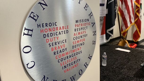 The Cohen Veterans Network logo appears on a podium at the Steven A. Cohen Military Family Clinic at Veterans Village of San Diego, Sept. 5, 2019. 