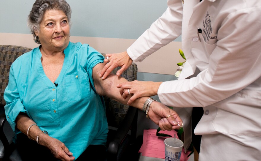 Dr. Danuta Trzebinska, medical director for the UCSD dialysis clinic, palpates patient Becky Hensley's fistula. March 14, 2017. Read more, Living With Dialysis.