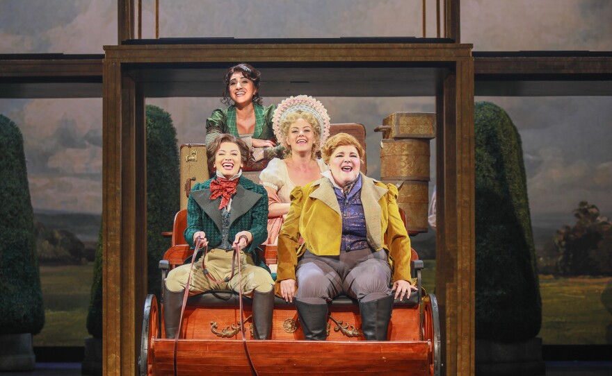 Taking a carriage ride are (clockwise from top left) Krystina Alabado as Dabney, Kate Rockwell as Jane, Ryann Redmond as Petunia, and Isabelle McCalla as Elinor in "Regency Girls." (2025)