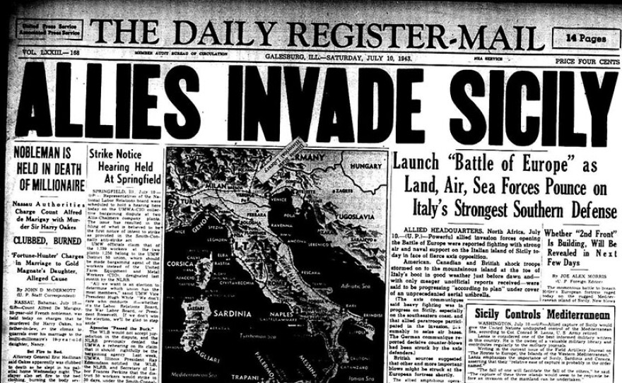 Photo of The Daily Register-Mail, dated July 16, 1943 with the headline that reads "Allies Invade Sicily."