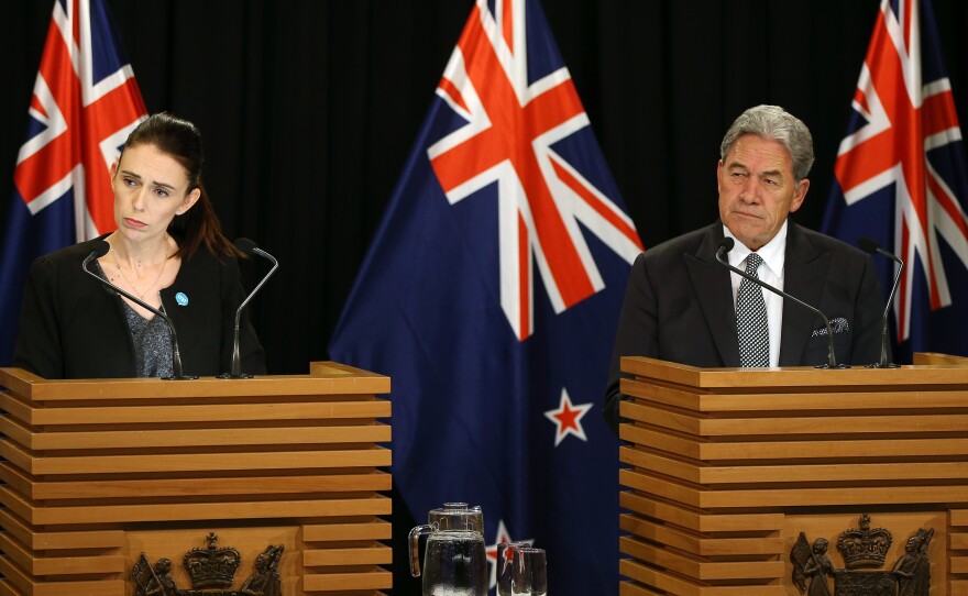 Prime Minister Jacinda Ardern and Deputy Prime Minister Winston Peters speak to media during a press conference at Parliament on Monday.