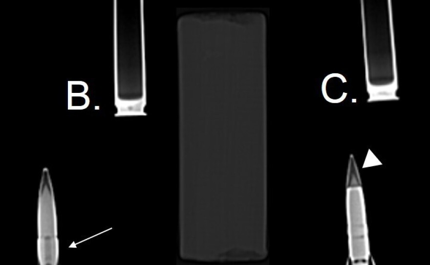A CT image shows the ordnance puzzle: a) armor-piercing projectile with a magnesium tracer core, b) full metal jacket projectile, c) armor-piercing projectile, d) armor-piercing projectile filled with explosive.