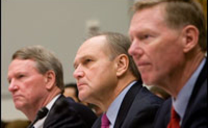 Richard Wagoner Jr. (left), chairman and CEO of General Motors, Robert Nardelli (center), CEO of Chrysler, and Alan Mulally, president and CEO of Ford, testify at a hearing on Capitol Hill in December in Washington, DC.