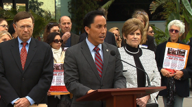 Interim San Diego Mayor Todd Gloria speaks about a new campaign to help combat sex trafficking during a news conference outside of San Diego Police Headquarters, January 30, 2014.