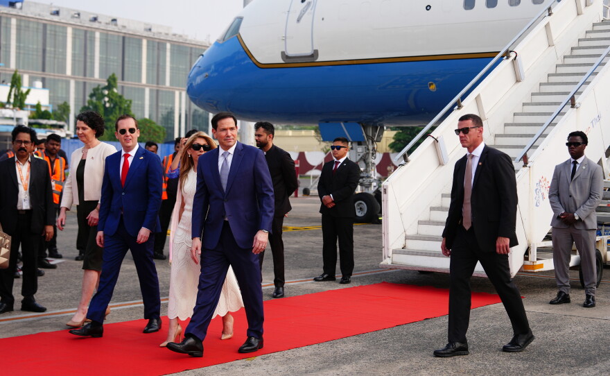 United States Secretary of State Marco Rubio disembarks his plane at Netaji Subhash Chandra Bose International Airport in Kolkata, India, Saturday, May 23, 2026.