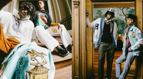 Models pose in pieces from Homme + Femme's latest collaboration with Churchill Downs for this year's Kentucky Derby race.