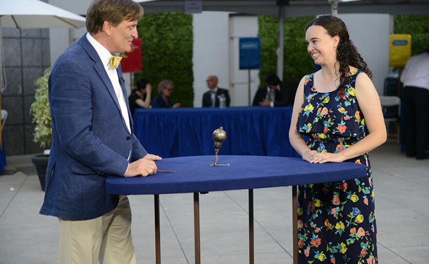 Reid Dunavant (left) appraises a Reinhold Riel silver etrog box, ca. 1670 at Crocker Art Museum.