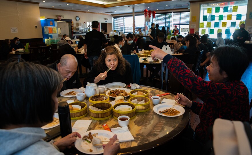 On weekends, Liang goes to Quincy where most of her friends live. They usually have Cantonese dim sum together at a local restaurant. After dim sum, she shops in the nearby supermarket, preparing for the week's meals. Here, she has dim sum with her friends at East Ocean in Quincy after not seeing them since the start of the pandemic.