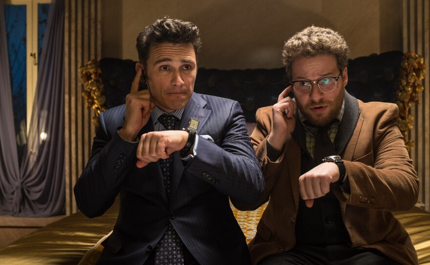 James Franco, left, as Dave, and Seth Rogen as Aaron, in a scene from Columbia Pictures' The Interview. The movie imagines a plot to kill Kim Jong-un, and has angered the North Korean government. It's believed to have led to a cyberattack on Sony Pictures.