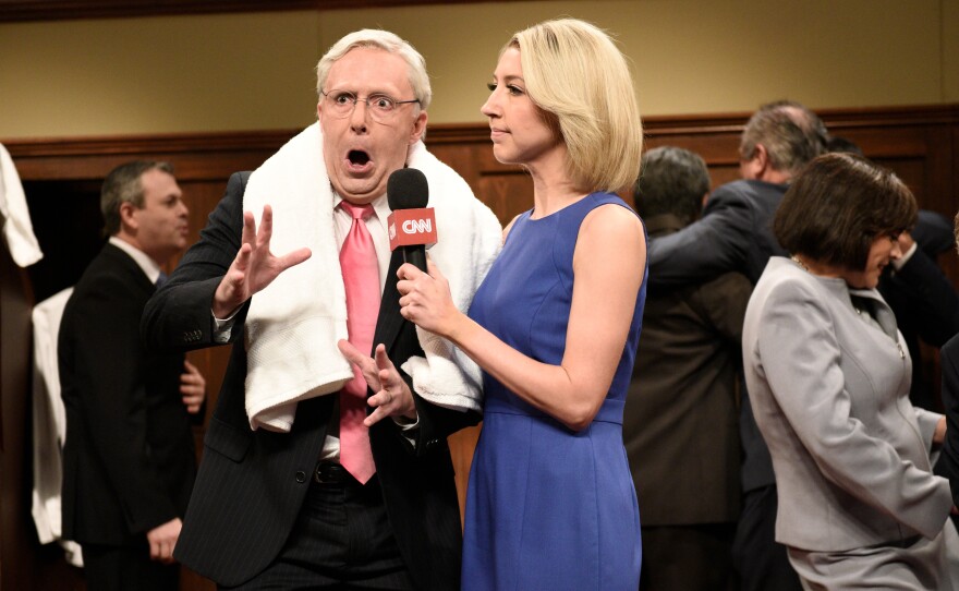 Beck Bennett as Sen. Mitch McConnell, Heidi Gardner as Dana Bash on Saturday Night Live on Saturday.
