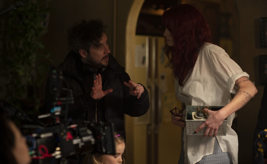 Director Lee Cronin and actress Alyssa Sutherland on the set of New Line Cinema's "Evil Dead Rise."