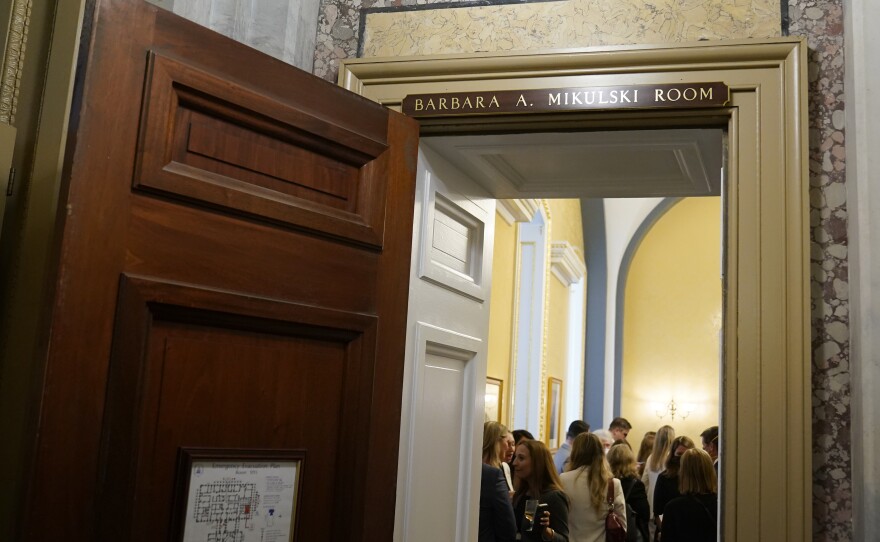 People attend a ceremony in a room dedicated to former Sen. Barbara Mikulski, D-Md., on Capitol Hill in Washington, D.C. on June 8. Another room was dedicated to the late former Sen. Margaret Chase Smith, R-Maine.